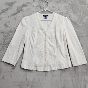 Vintage Chaps Jacket Womens L White Denim Lace Overlay 3/4‎ Sleeve Cottagecore